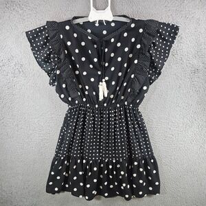 Zara Polka Dot Mini Dress Black White Ruffle Tassel Tie Elastic Waist Medium